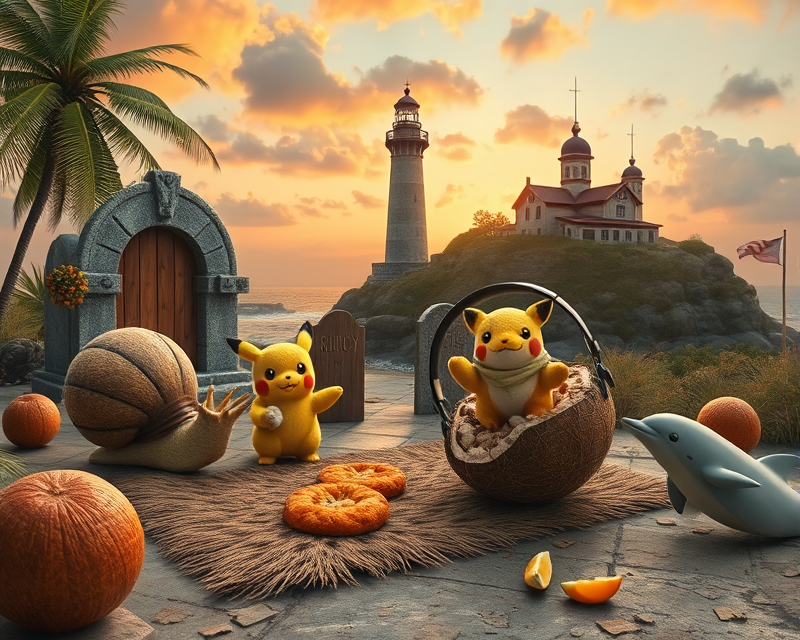 orange, tombstone, lighthouse, pikachu, snail, fried chicken, hat, bulldog, fox, rug, headphones, pistachio, coconut, chocolate, dolphin